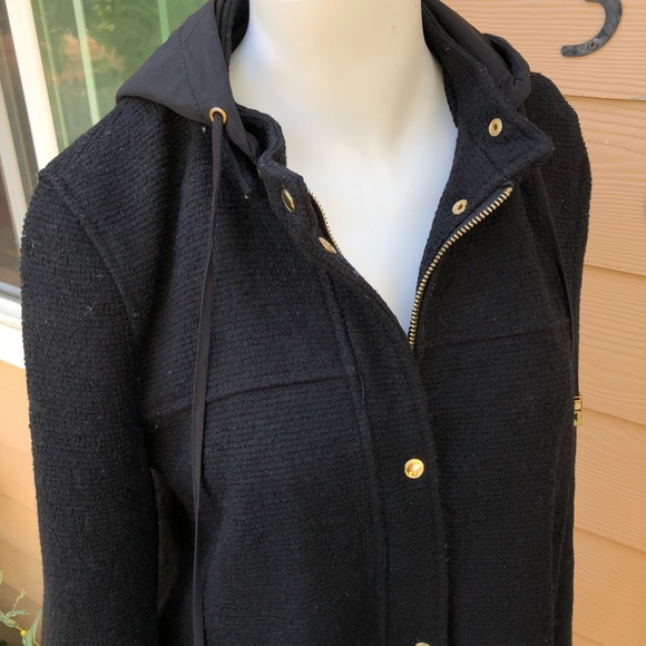 Zara zip up black hooded wool jacket elbow patches - Picture 3 of 8
